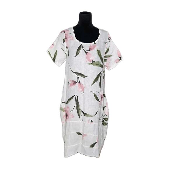 LUNGO L'Arno Linen Floral Scoop Neck Tulip Lagenlook Dress Size L Italy - Picture 1 of 8